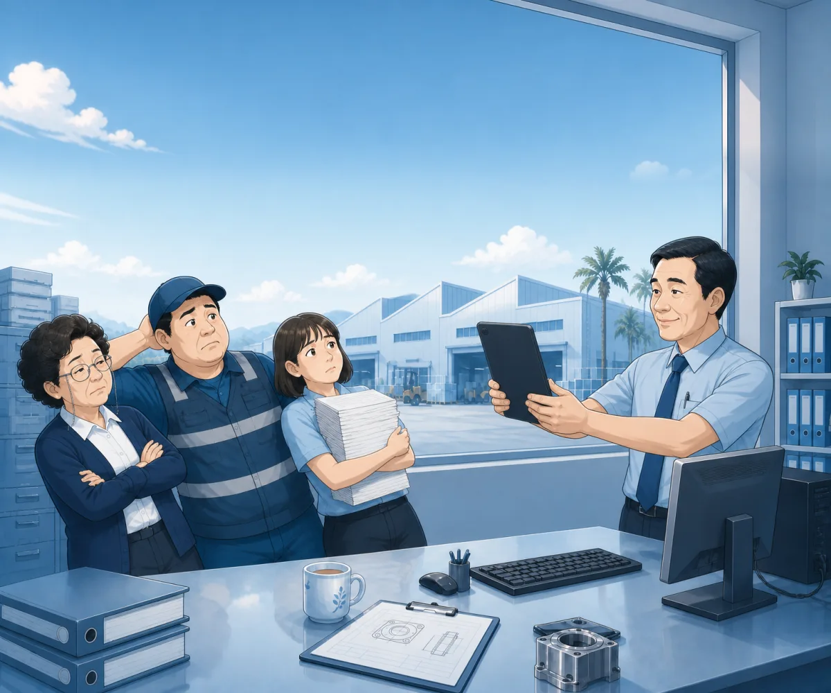 老闆舉起平板展示新系統，三位員工身體往後仰，一臉抗拒